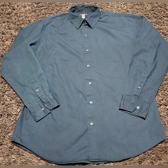 VAN HEUSEN Long Sleeve Button Down Striped Blue/Green Sz. L 16-16 1/2 EUC - Picture 1 of 6